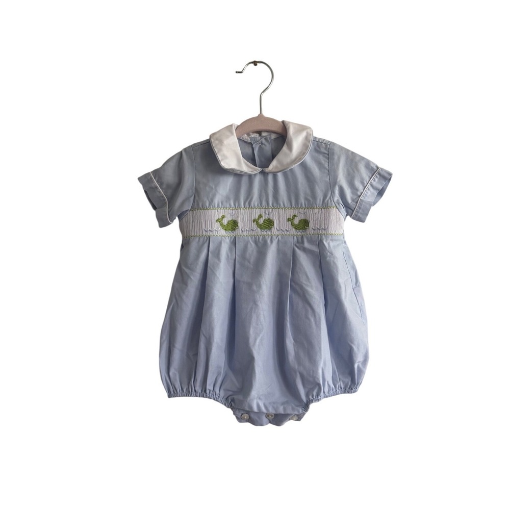 Vintage Style Smocked Whale Bubble Romper Light Blue Peter Pan Collar Baby Boy